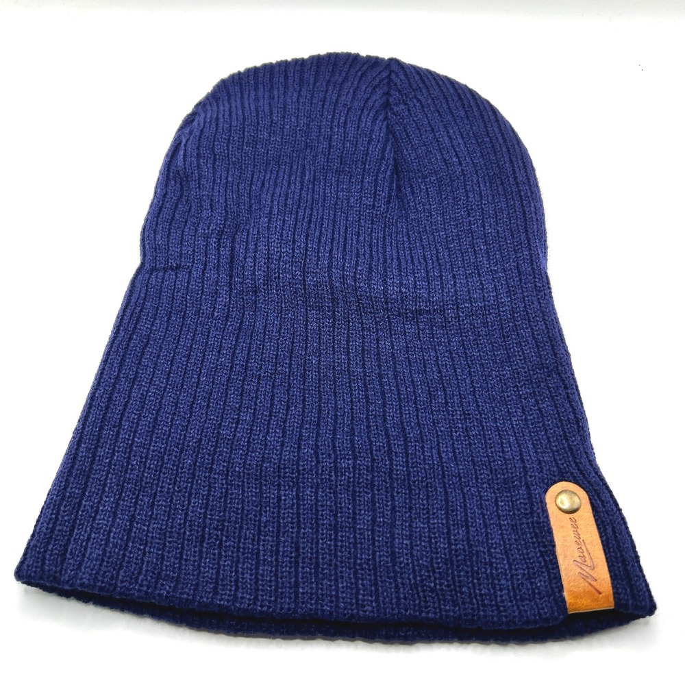 Maoewee Beanie Hat Unisex OS Blue Ribbed Knit Faux Leather Tag Winter Warm Soft